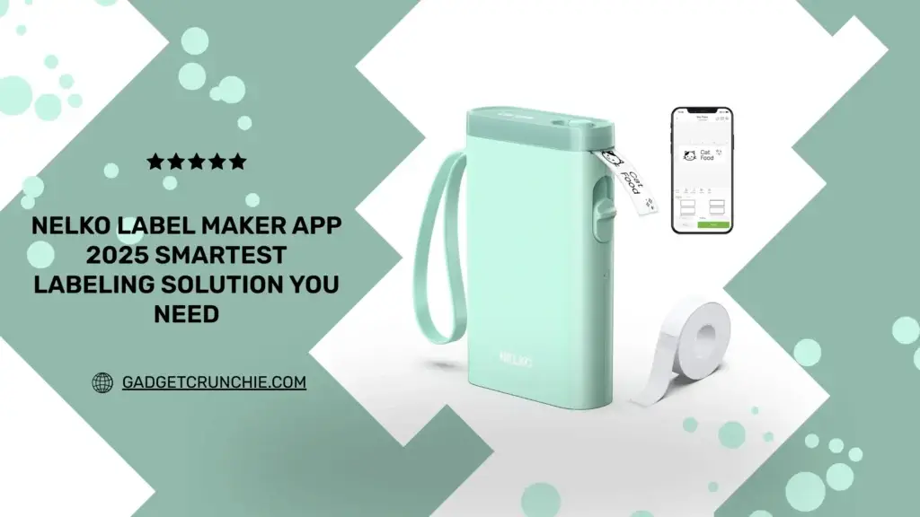 A mint green Nelko label maker & Nelko Label Maker App displaying on a smartphone which is displaying a label design, with text highlighting its smart features and 2025 branding. Industrial Label Maker Machine