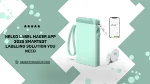 A mint green Nelko label maker & Nelko Label Maker App displaying on a smartphone which is displaying a label design, with text highlighting its smart features and 2025 branding. Industrial Label Maker Machine