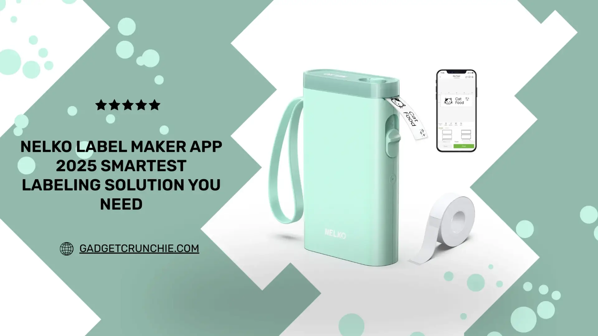 A mint green Nelko label maker & Nelko Label Maker App displaying on a smartphone which is displaying a label design, with text highlighting its smart features and 2025 branding. Industrial Label Maker Machine