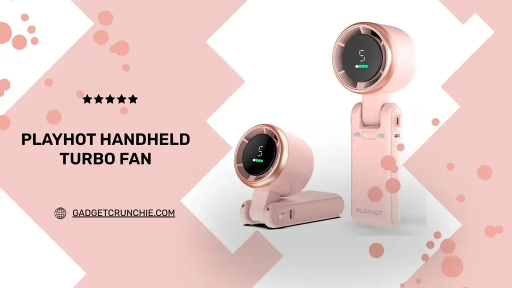 Image of a pink PlayHot handheld turbo fan, featuring a digital display and compact design, with a star rating and website link.