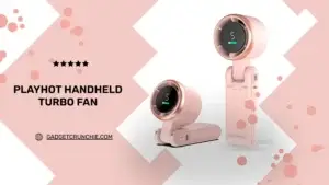 Image of a pink PlayHot handheld turbo fan, featuring a digital display and compact design, with a star rating and website link.