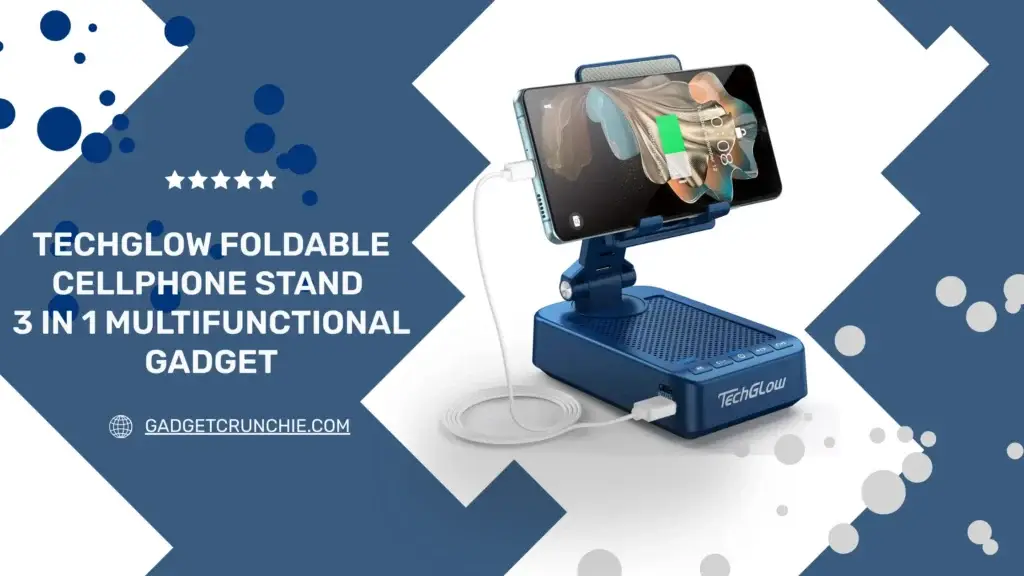 TechGlow Foldable Cellphone Stand 3-in-1, featuring charging capability and adjustable angles, displayed with a phone and charging cable.