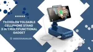 TechGlow Foldable Cellphone Stand 3-in-1, featuring charging capability and adjustable angles, displayed with a phone and charging cable.