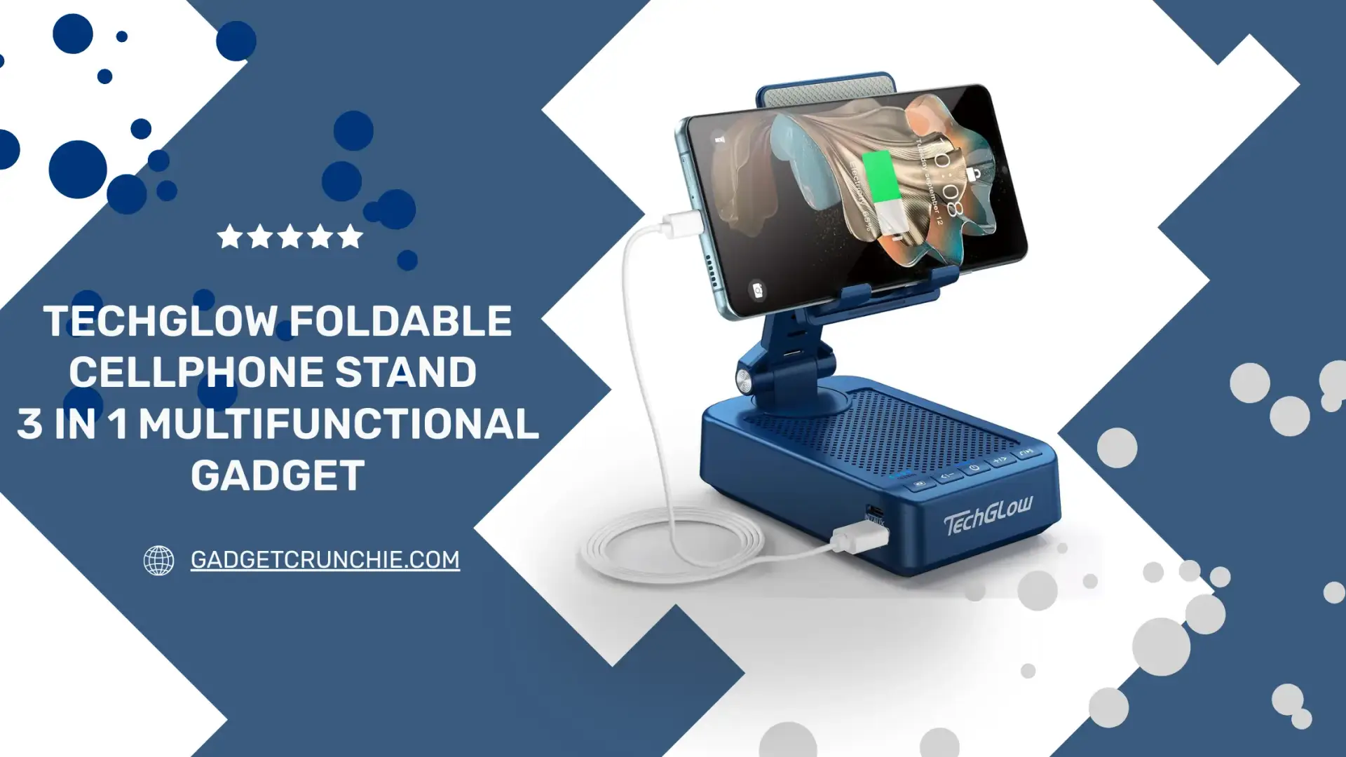 TechGlow Foldable Cellphone Stand 3-in-1, featuring charging capability and adjustable angles, displayed with a phone and charging cable.