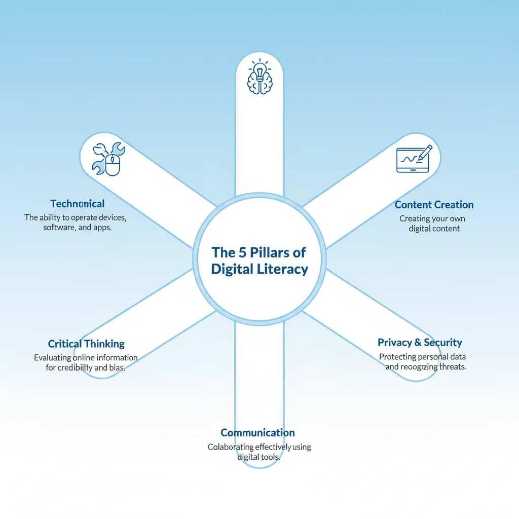 Your Ultimate Guide to the Best Digital Literacy Websites: 30+ Great Resources and Tools 2 An infographic illustrating the 5 pillars of digital literacy: Technical, Critical Thinking, Communication, Privacy & Security, and Content Creation.