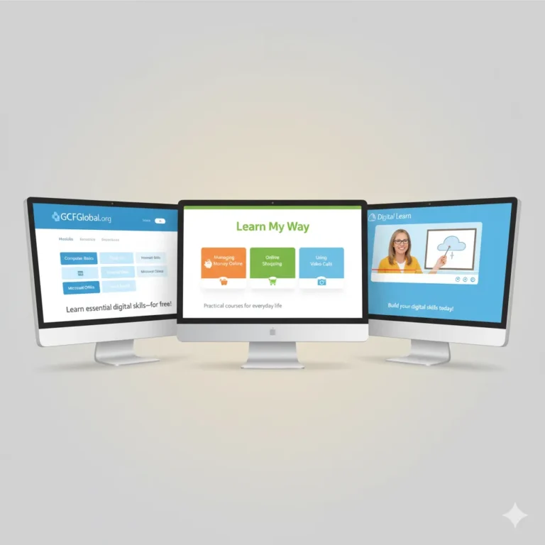 Your Ultimate Guide to the Best Digital Literacy Websites: 30+ Great Resources and Tools 3 Three computer monitors display online learning platforms: GCFGlobal.org, Learn My Way, and Digital Learn, focused on digital skills education.