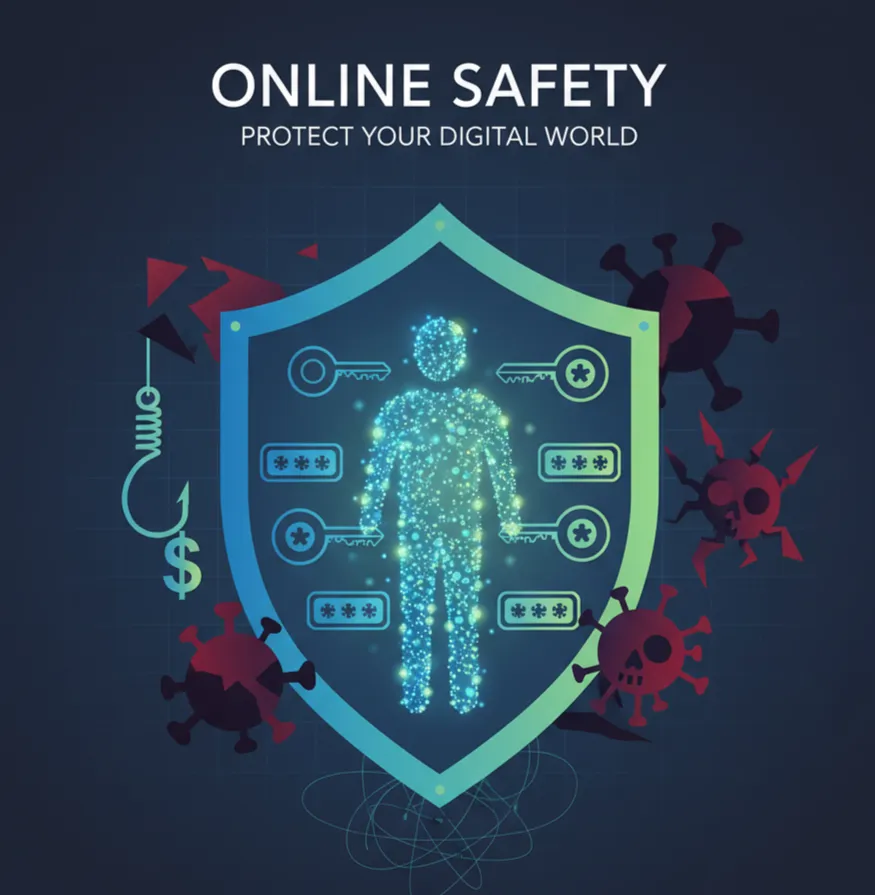 Your Ultimate Guide to the Best Digital Literacy Websites: 30+ Great Resources and Tools 5 A glowing figure inside a shield represents online safety, surrounded by symbols of viruses and security keys. Text reads "Online Safety: Protect Your Digital World."